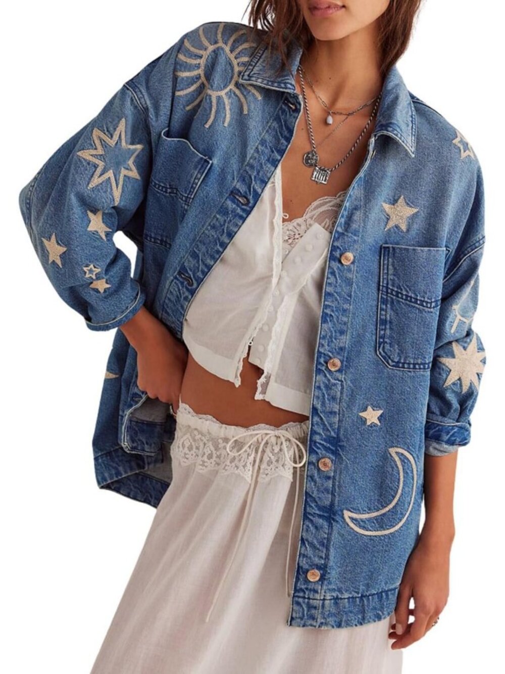 Vintage Oversized Denim Jacket - Embroidered Graphic, Casual Loose Fit Jean Coat